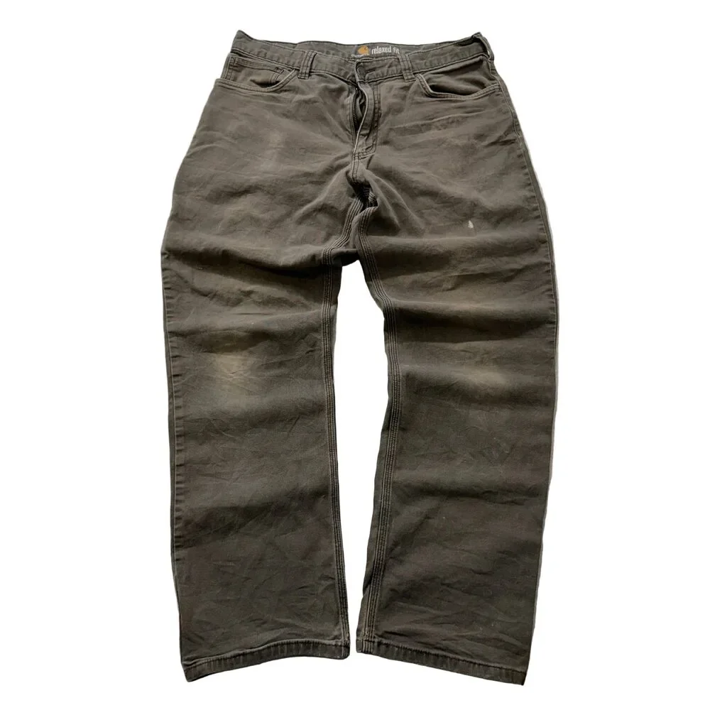 Carhartt Men Olive Canvas Carpenter Pants Relaxed Fit Pockets Classic Size 34x32
